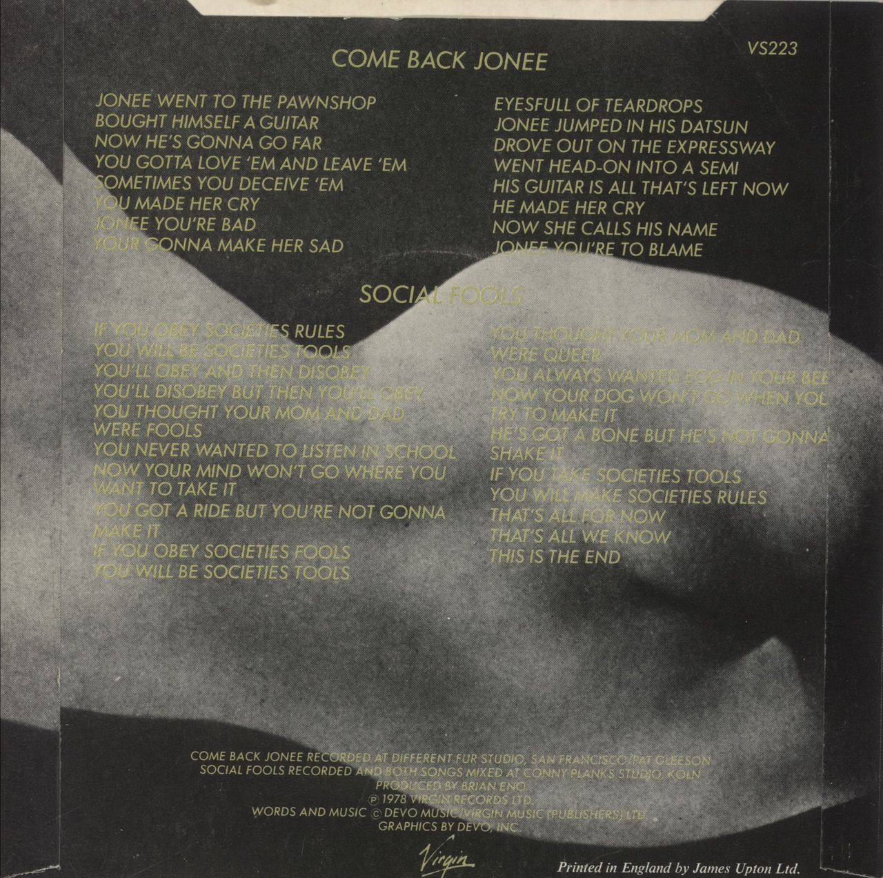 Devo Come Back Jonee UK 7" vinyl single (7 inch record / 45)