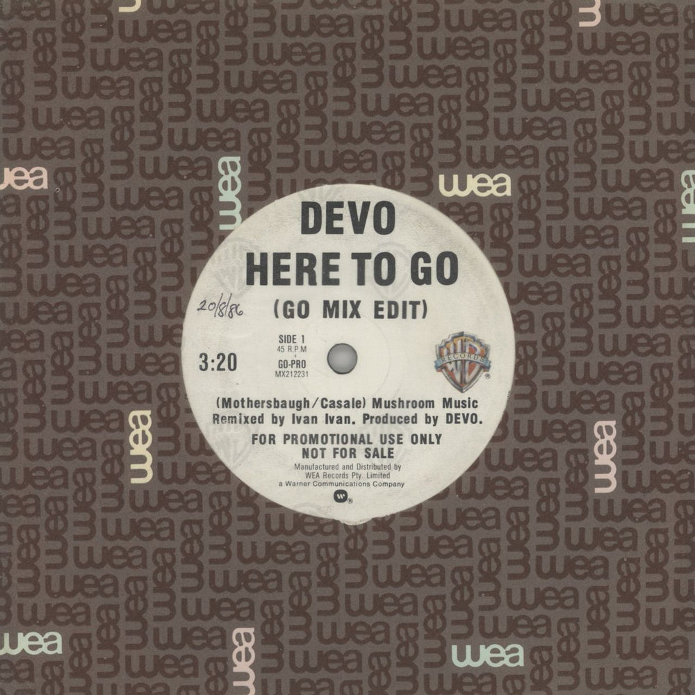 Devo Here To Go Australian Promo 7" vinyl single (7 inch record / 45) GO-PRO