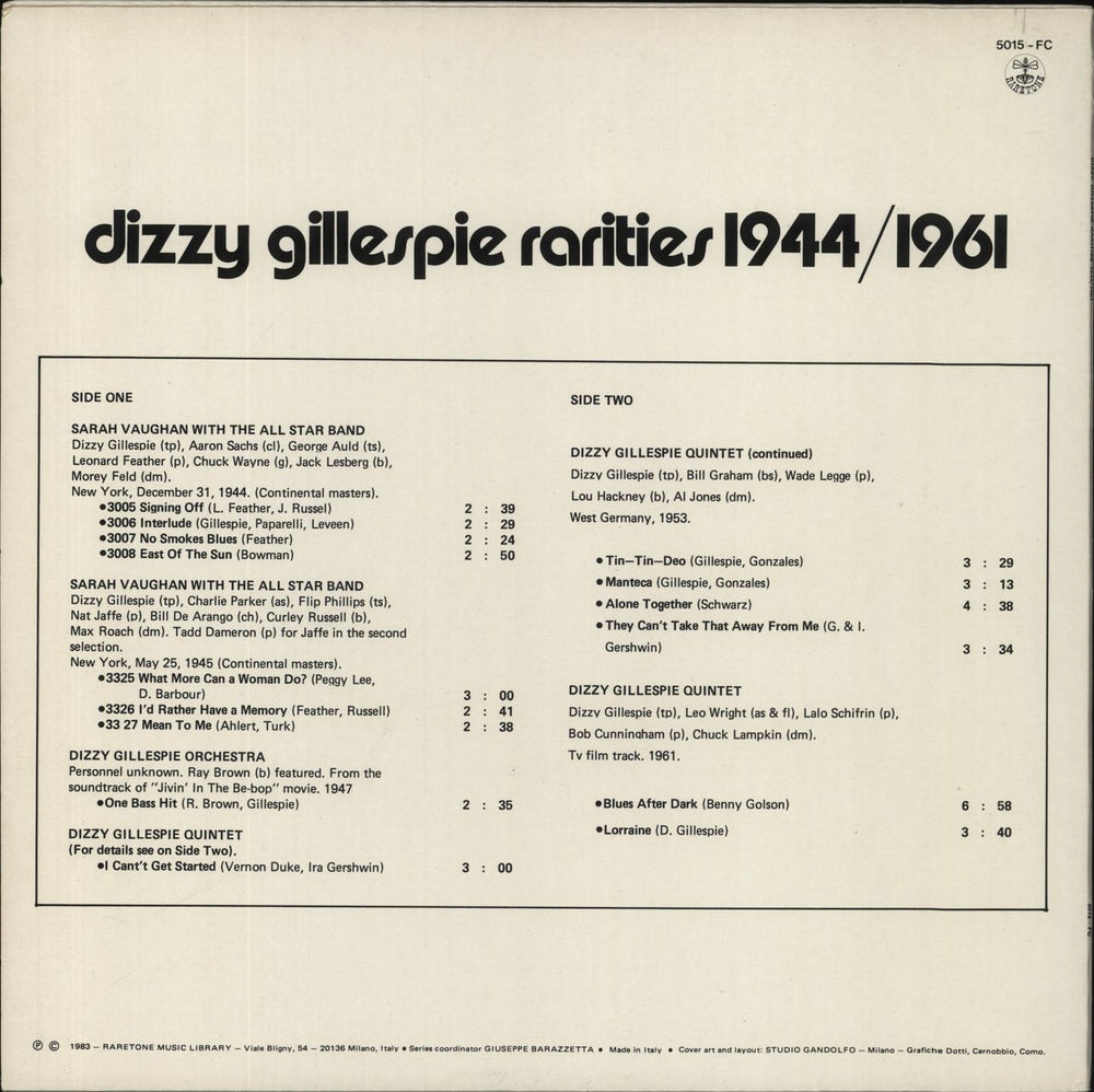 Dizzy Gillespie Rarities 1944/1961 Italian vinyl LP album (LP record)