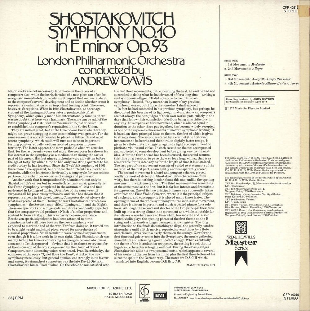 Dmitri Shostakovich Symphony No. 10 in E Minor, Op.93 UK vinyl LP album (LP record)