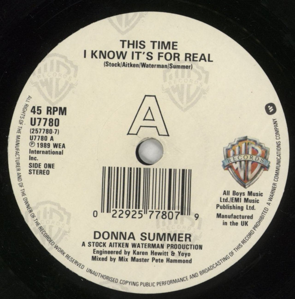 Donna Summer This Time I Know It's For Real UK 7" vinyl single (7 inch record / 45) SUM07TH44850