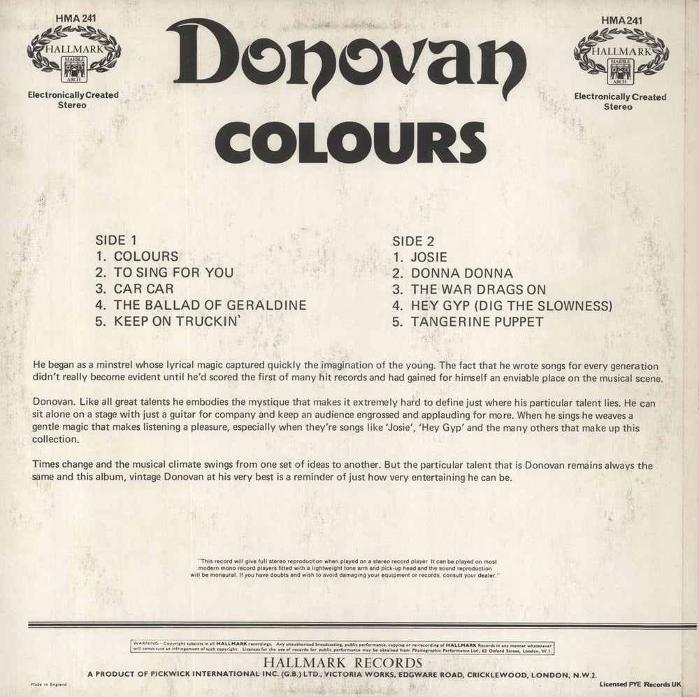 Donovan Colours UK vinyl LP album (LP record)