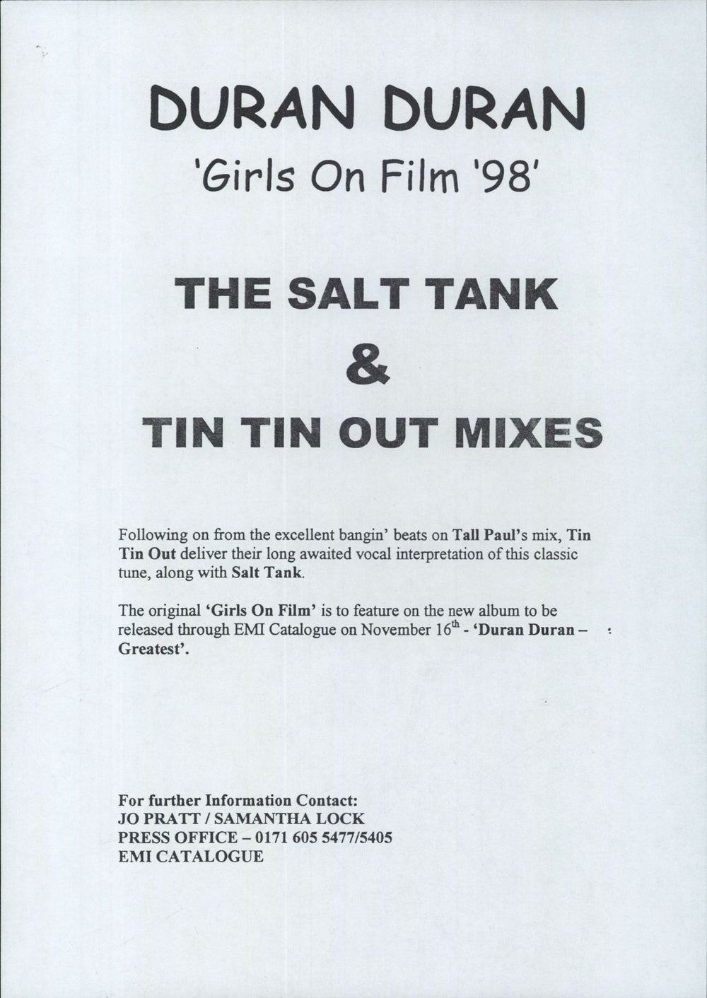 Duran Duran Girls On Film - Tin Tin Out Promo UK Promo 12" vinyl single (12 inch record / Maxi-single)