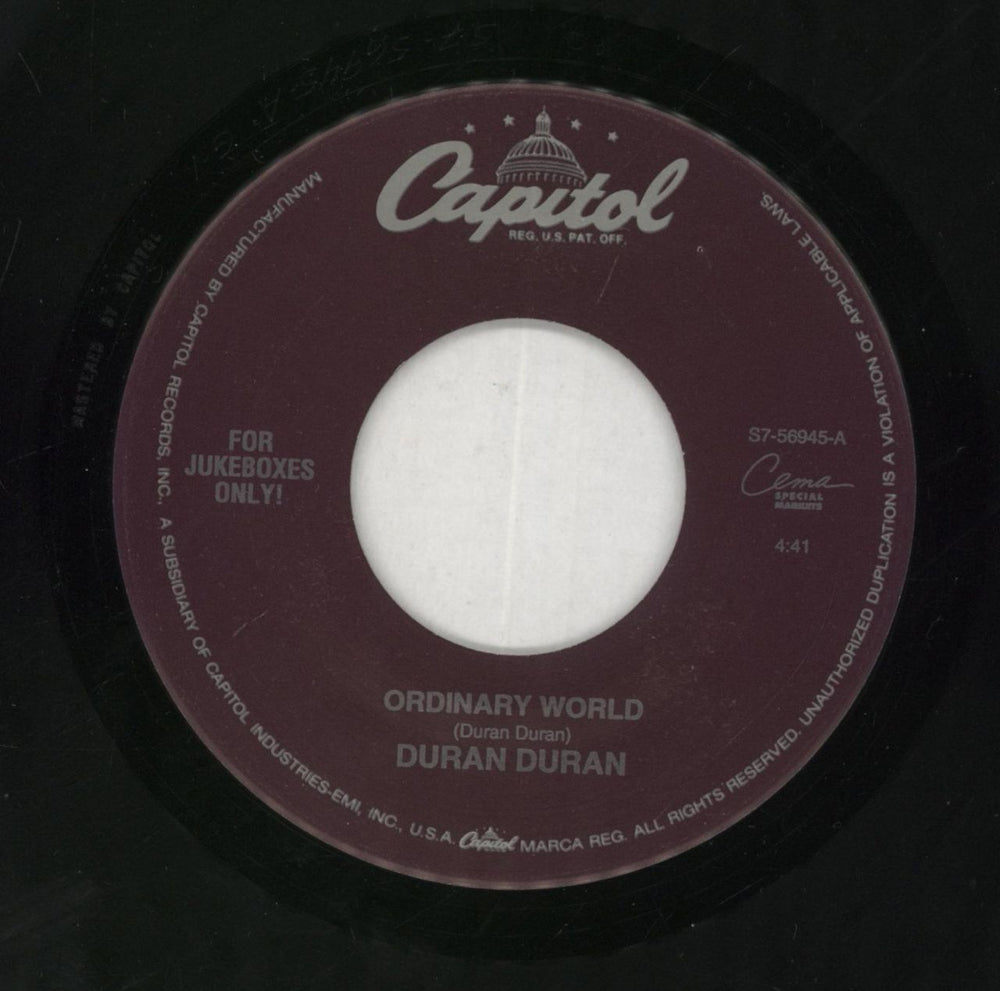 Duran Duran Ordinary World - Jukebox Edition US Promo 7" vinyl single (7 inch record / 45) S7-56945