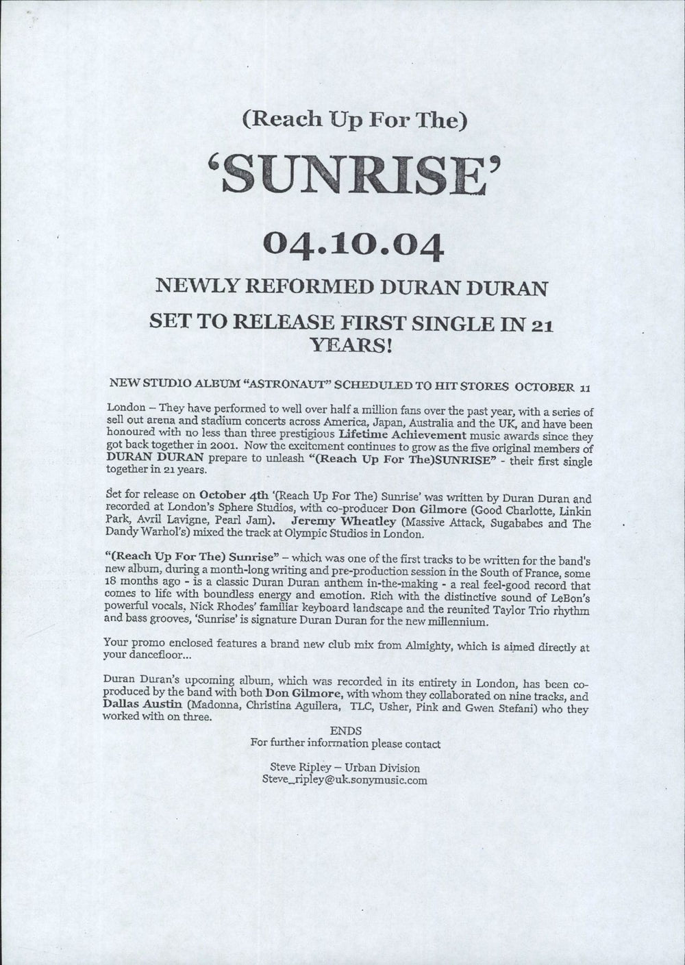 Duran Duran (Reach Up For The) Sunrise - test pressing UK Promo 12" vinyl single (12 inch record / Maxi-single) DDN12RE305058