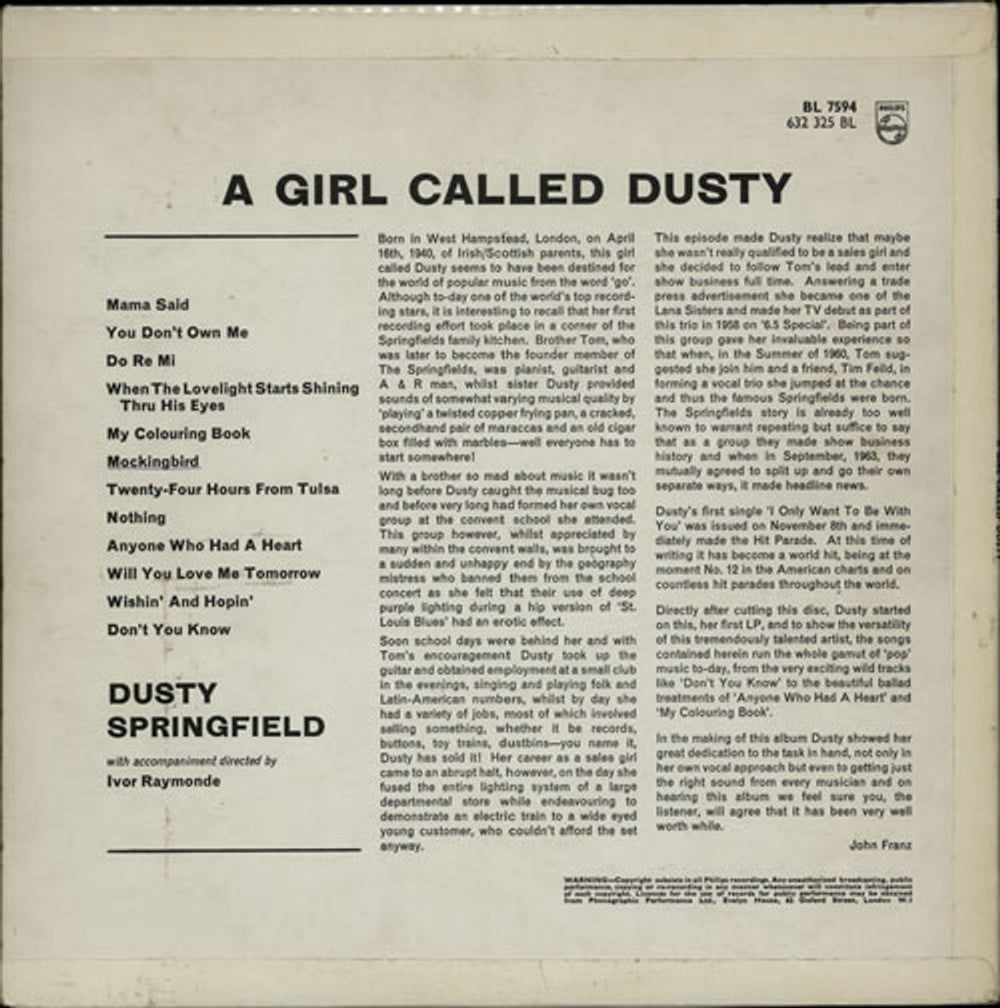 Dusty Springfield A Girl Called Dusty - Flipback - EX UK vinyl LP album (LP record) DUSLPAG578376