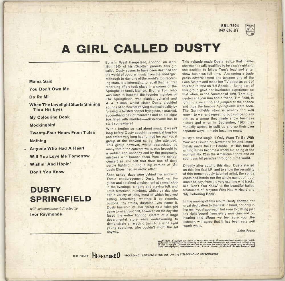 Dusty Springfield A Girl Called Dusty UK vinyl LP album (LP record) DUSLPAG147482