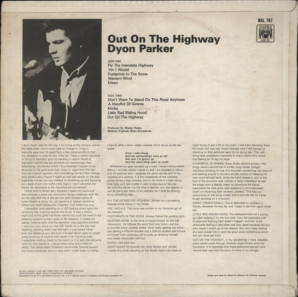 Dyon Parker Out On The Highway UK vinyl LP album (LP record)