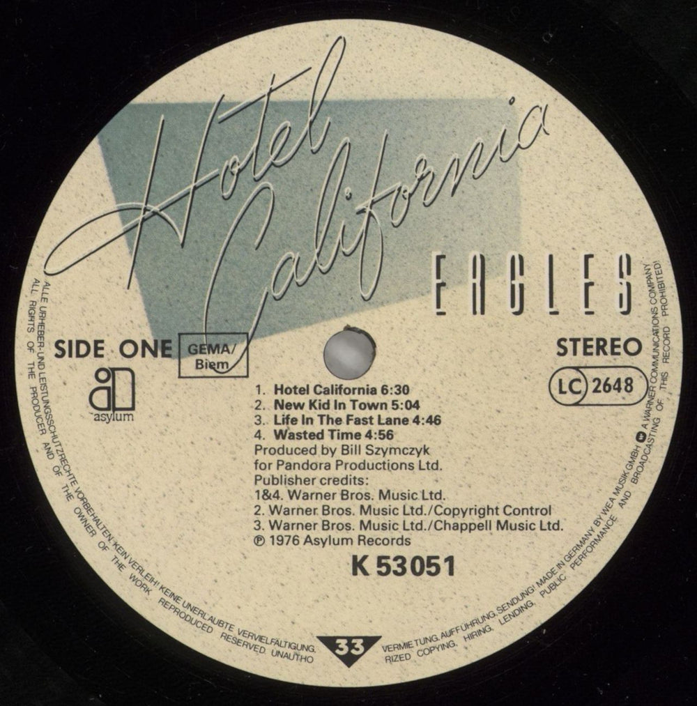 Eagles Hotel California - sample sticker German vinyl LP album (LP record) EAGLPHO875304