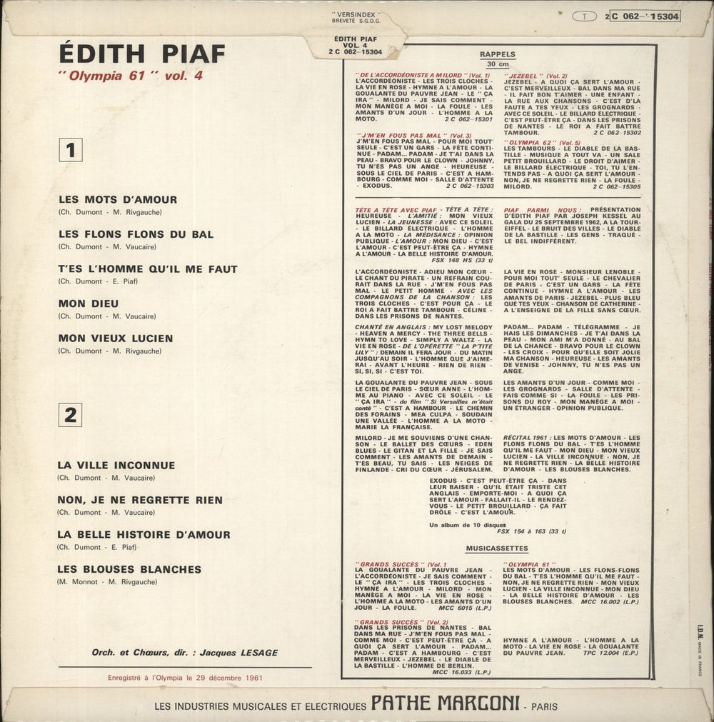 Edith Piaf Olympia 1961 - Non, Je Ne Regrette Rien - Vol. 4 French vinyl LP album (LP record)