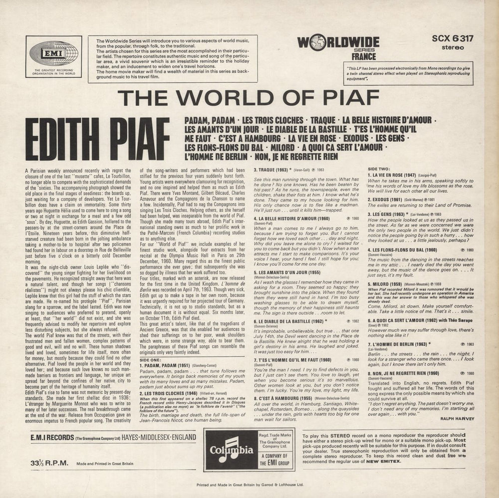 Edith Piaf The World Of Piaf UK vinyl LP album (LP record)