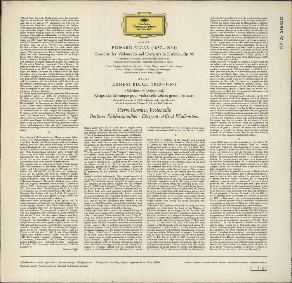 Edward Elgar Cello Concerto In E Minor/ Bloch: Schelomo UK vinyl LP album (LP record)