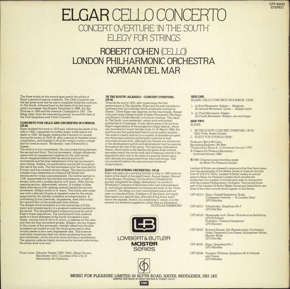 Edward Elgar Cello Concerto, Overture 'In the South' & Elegy for Strings UK vinyl LP album (LP record)