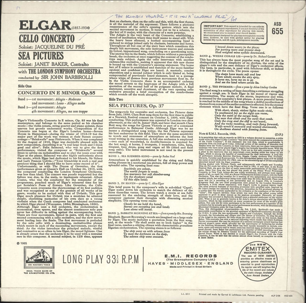 Edward Elgar Cello Concerto / Sea Pictures - 2nd UK vinyl LP album (LP record) EFDLPCE723488