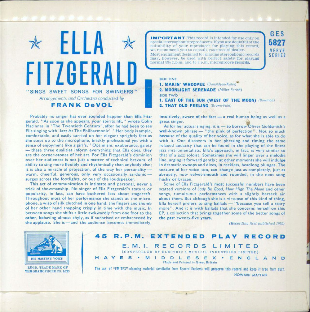 Ella Fitzgerald Sings Sweet Songs For Swingers UK 7" vinyl single (7 inch record / 45)