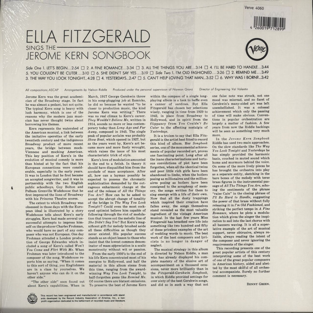 Ella Fitzgerald Sings The Jerome Kern Songbook -180 Gram Vinyl German vinyl LP album (LP record) 4260019712899