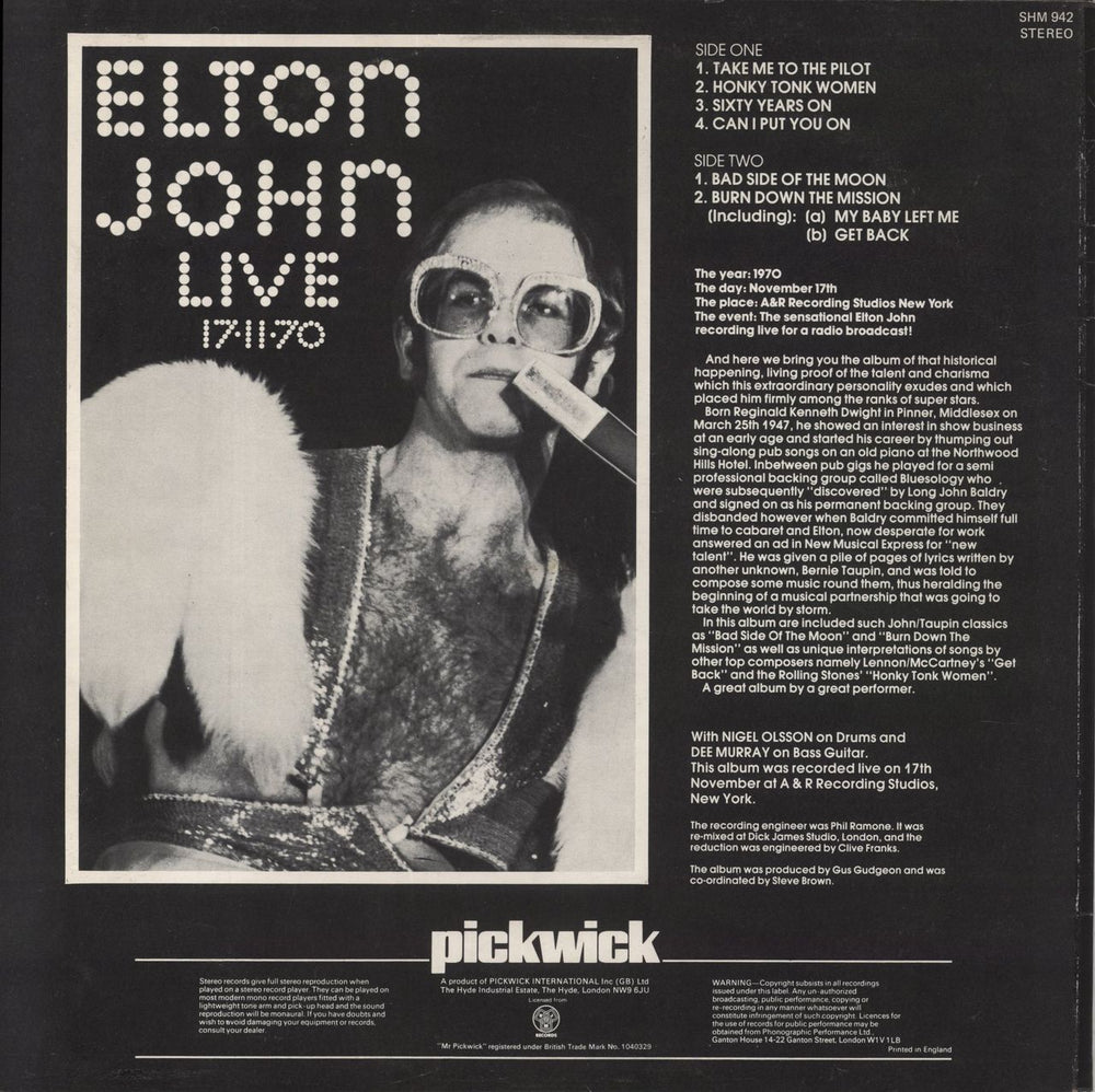 Elton John Live 17.11.70 UK vinyl LP album (LP record)