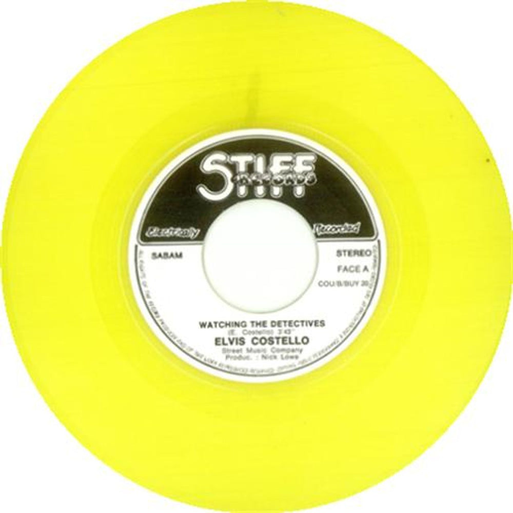 Elvis Costello Watching The Detectives - Yellow Vinyl Belgian 7" vinyl single (7 inch record / 45) COS07WA424490