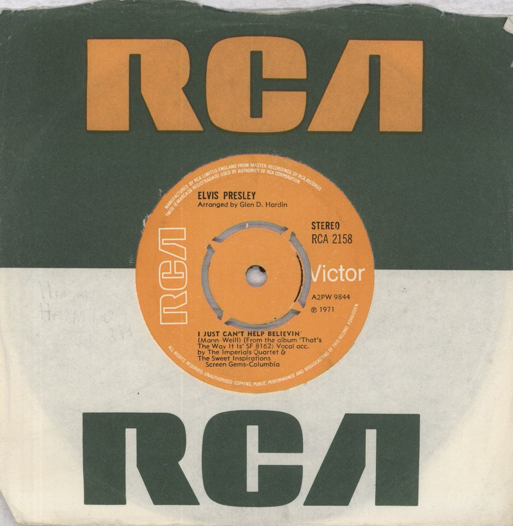 Elvis Presley I Just Can't Help Believin' - 4pr UK 7" vinyl single (7 inch record / 45) RCA2158