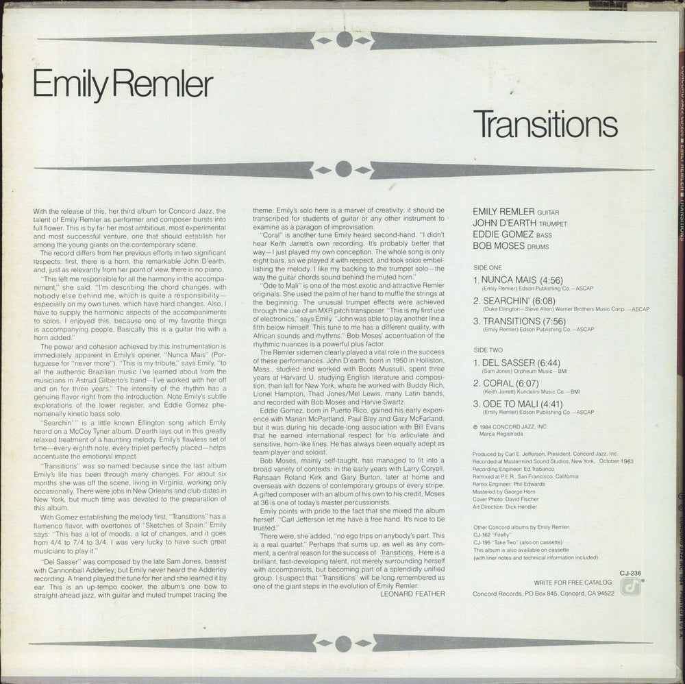 Emily Remler Transitions US vinyl LP album (LP record)