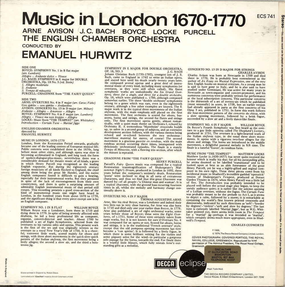 English Chamber Orchestra Music In London 1670-1770 UK vinyl LP album (LP record)