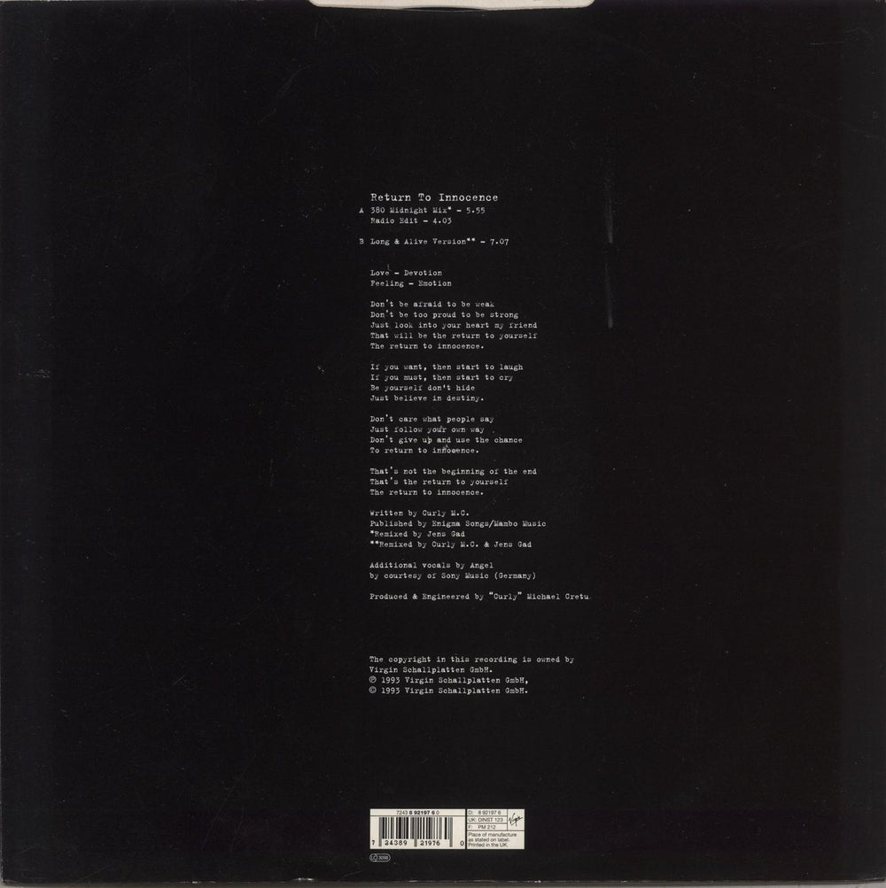 Enigma Return To Innocence UK 12" vinyl single (12 inch record / Maxi-single) 724389219760