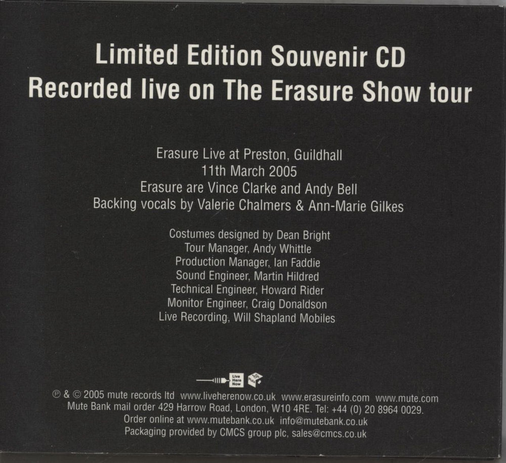 Erasure The Erasure Show Tour 2005 - Live At Preston, Guildhall, 11th March 2005 UK CD-R acetate