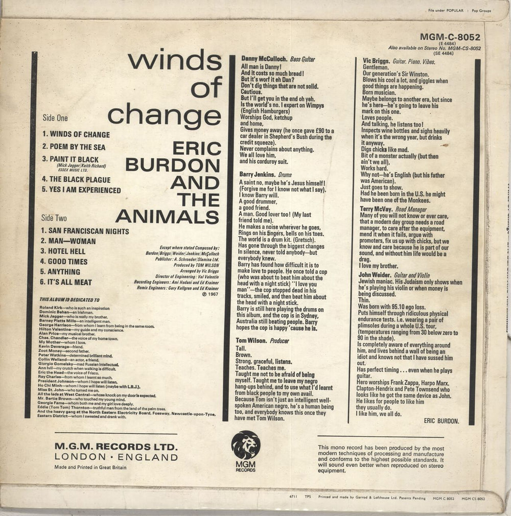 Eric Burdon & The Animals Winds Of Change - EX UK vinyl LP album (LP record) EBALPWI711880