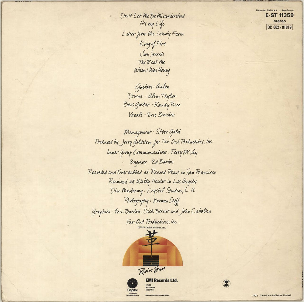 Eric Burdon Sun Secrets UK vinyl LP album (LP record)