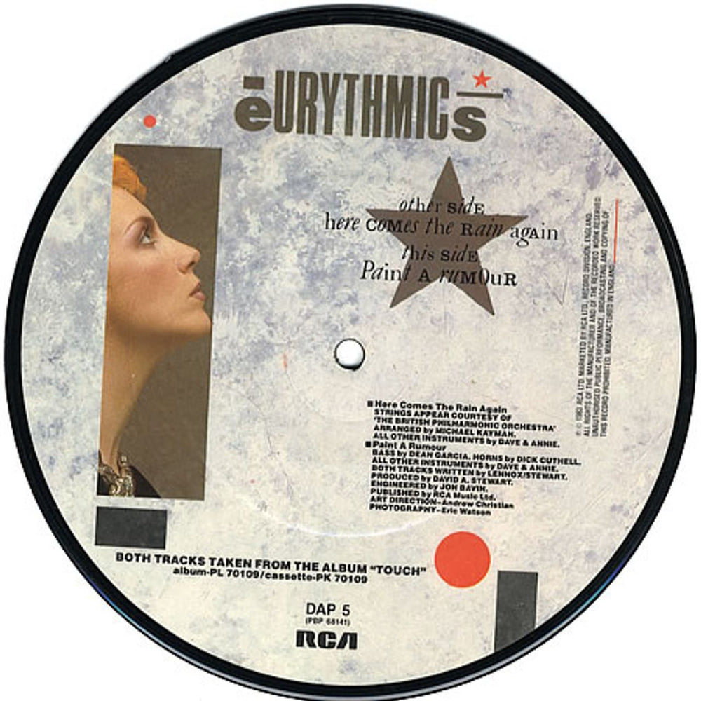 Eurythmics Here Comes The Rain Again UK 7" vinyl picture disc (7 inch picture disc single) EUR7PHE08915