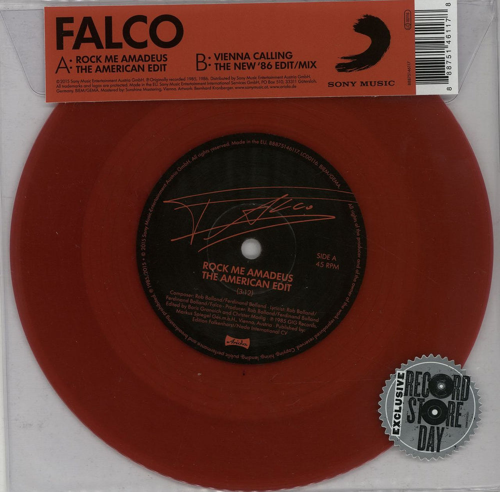 Falco Rock Me Amadeus - Red Vinyl UK 7" vinyl single (7 inch record / 45) 88875146117
