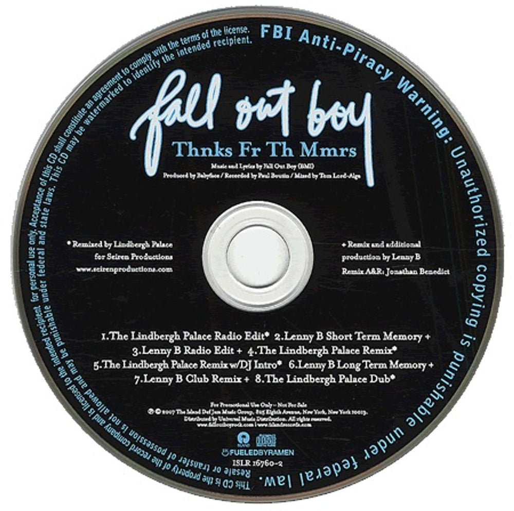 Fall Out Boy Thnks Fr Th Mmrs US Promo CD single (CD5 / 5") ISLR16760-2