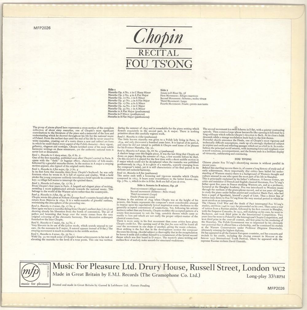 Fou Ts'ong Chopin Recital UK vinyl LP album (LP record)