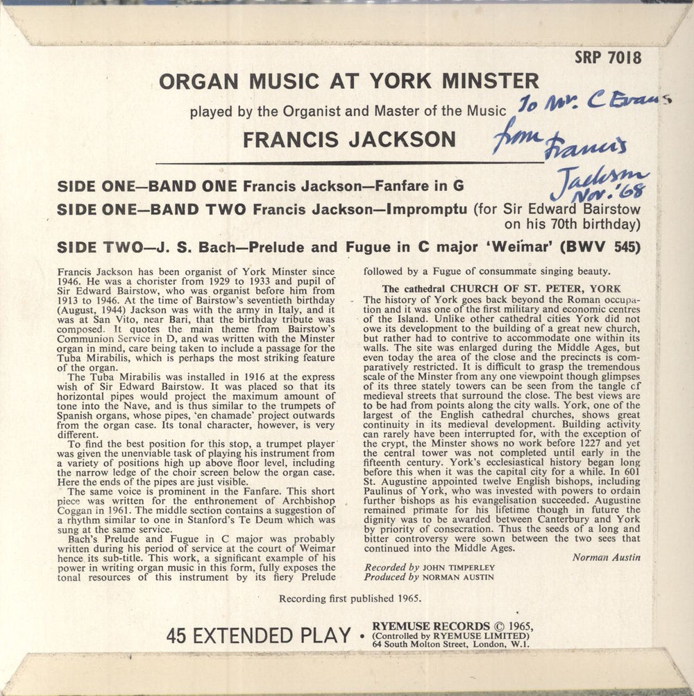 Francis Jackson Organ Music At York Minster - Autographed UK 7" vinyl single (7 inch record / 45)