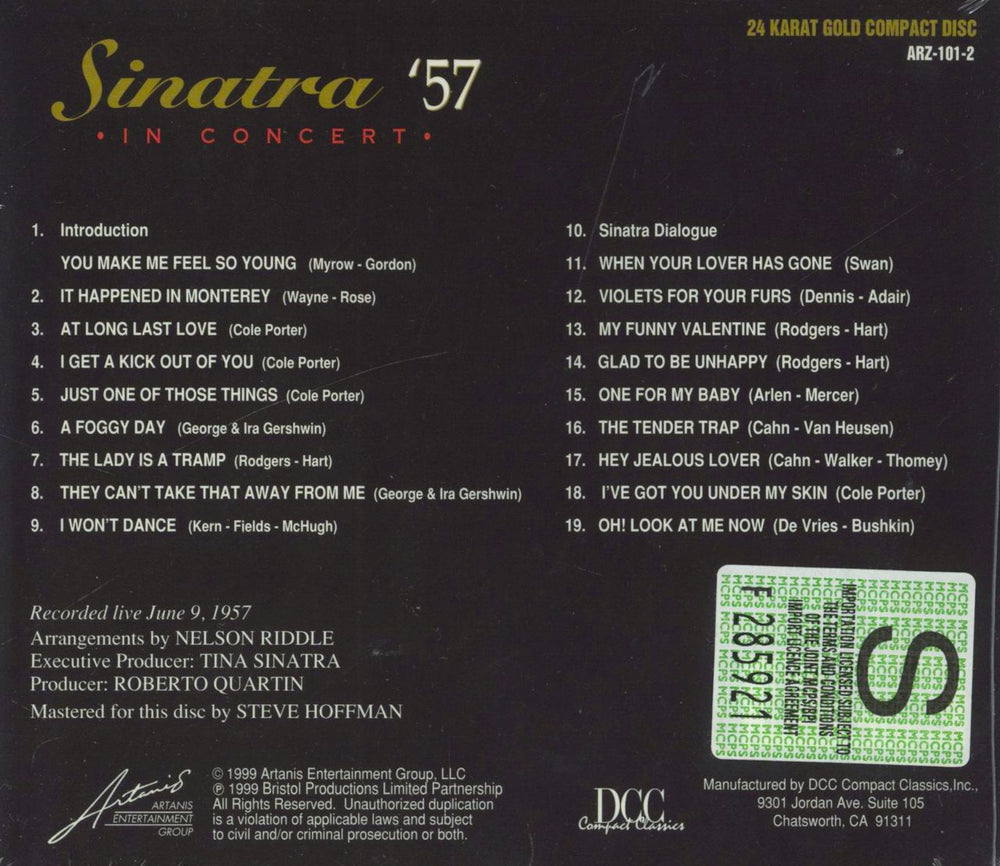 Frank Sinatra Sinatra '57 In Concert - Gold Disc - Sealed US CD album (CDLP)