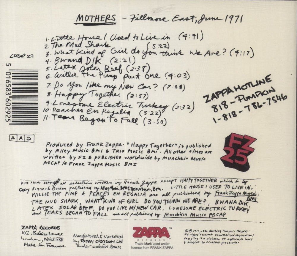 Frank Zappa Fillmore East - June 1971 UK CD album (CDLP) 5016583602925