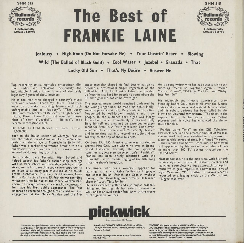 Frankie Laine The Best Of Frankie Laine UK vinyl LP album (LP record)