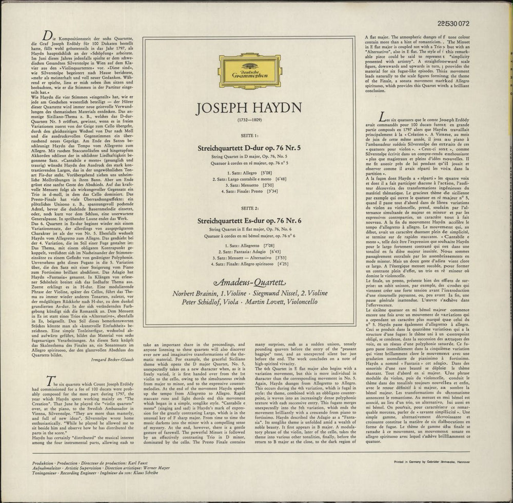 Franz Joseph Haydn Haydn: Streichquartette D-Dur Op.76,5 • Es-Dur Op.76,6 German vinyl LP album (LP record)