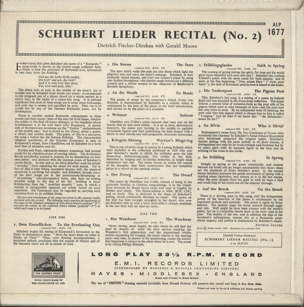 Franz Schubert Lieder Recital (No. 2) UK vinyl LP album (LP record)