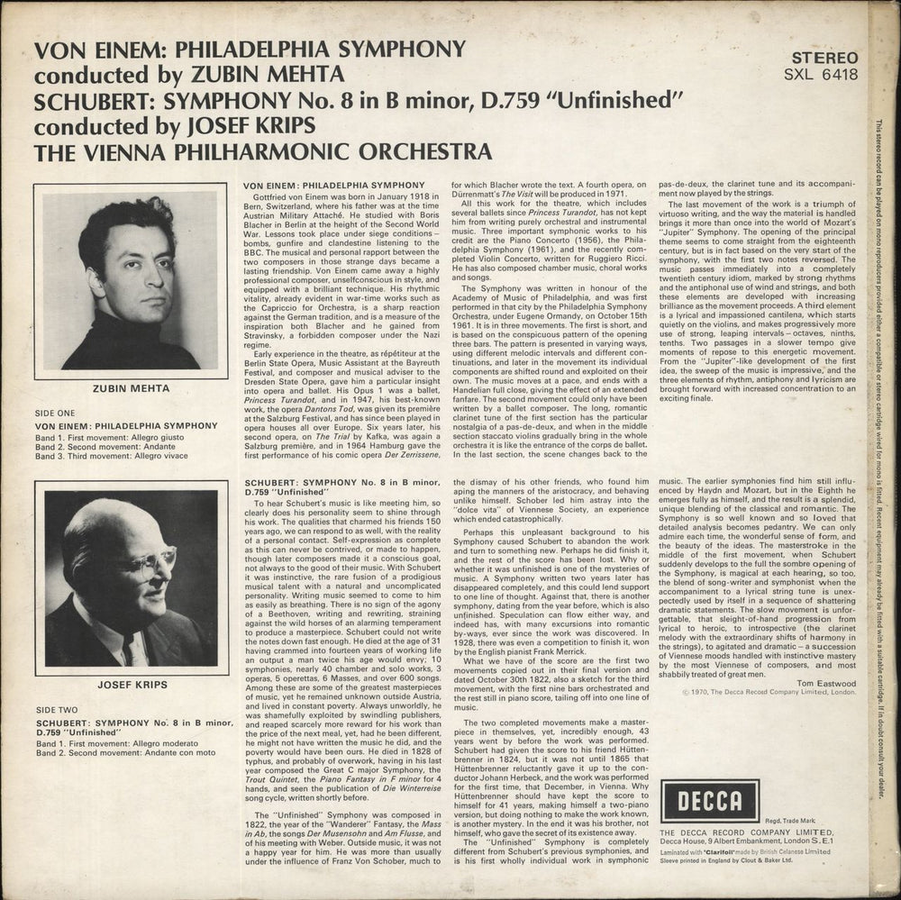 Franz Schubert Philadelphia Symphony / Symphony No. 8 'Unfinished' UK vinyl LP album (LP record)