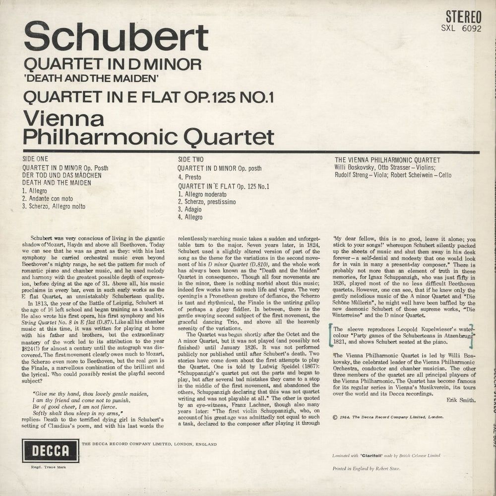 Franz Schubert Schubert: Quartet In D Minor ‘Death And The Maiden’ / Quartet In E Flat Op. 125 No.1 UK vinyl LP album (LP record)