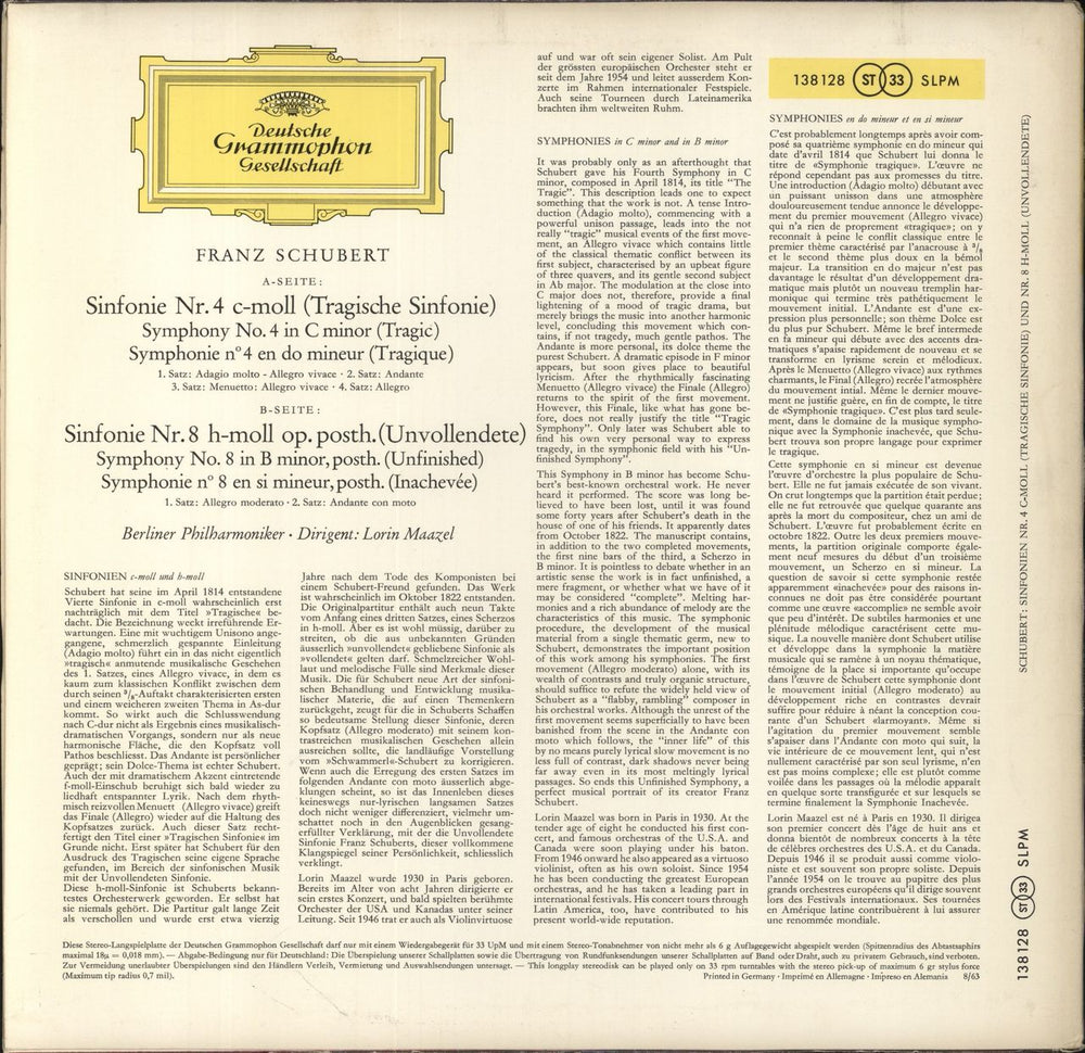 Franz Schubert Schubert: Symphony No. 4 In C Minor "Tragic" / Symphony No. 8 In B Minor "Unfinished" German vinyl LP album (LP record)
