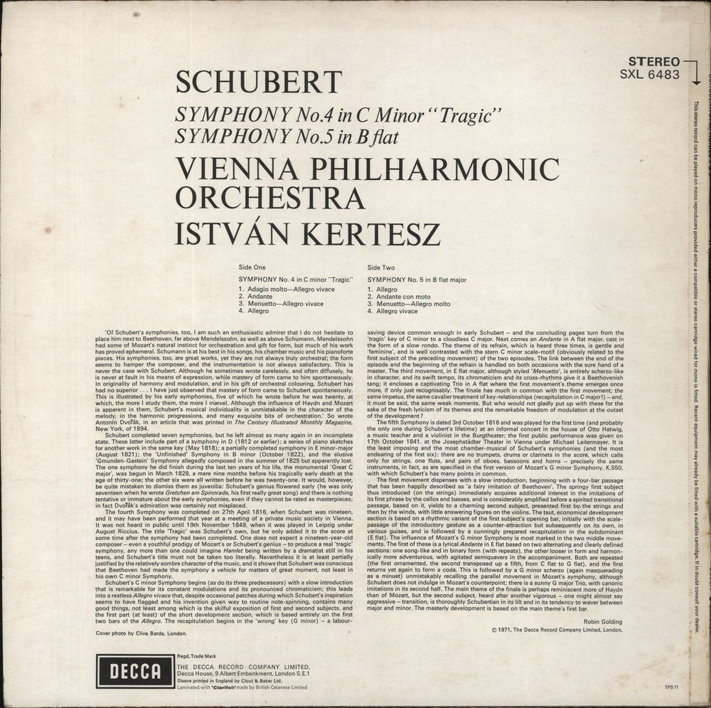 Franz Schubert Symphony No. 4 In C Minor "Tragic" · Symphony No. 5 In B Flat Major UK vinyl LP album (LP record)