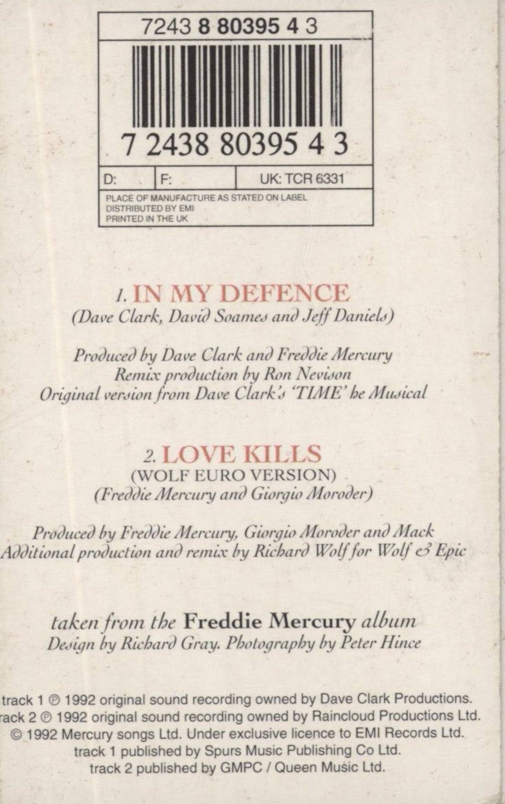 Freddie Mercury In My Defence UK cassette single 724388039543