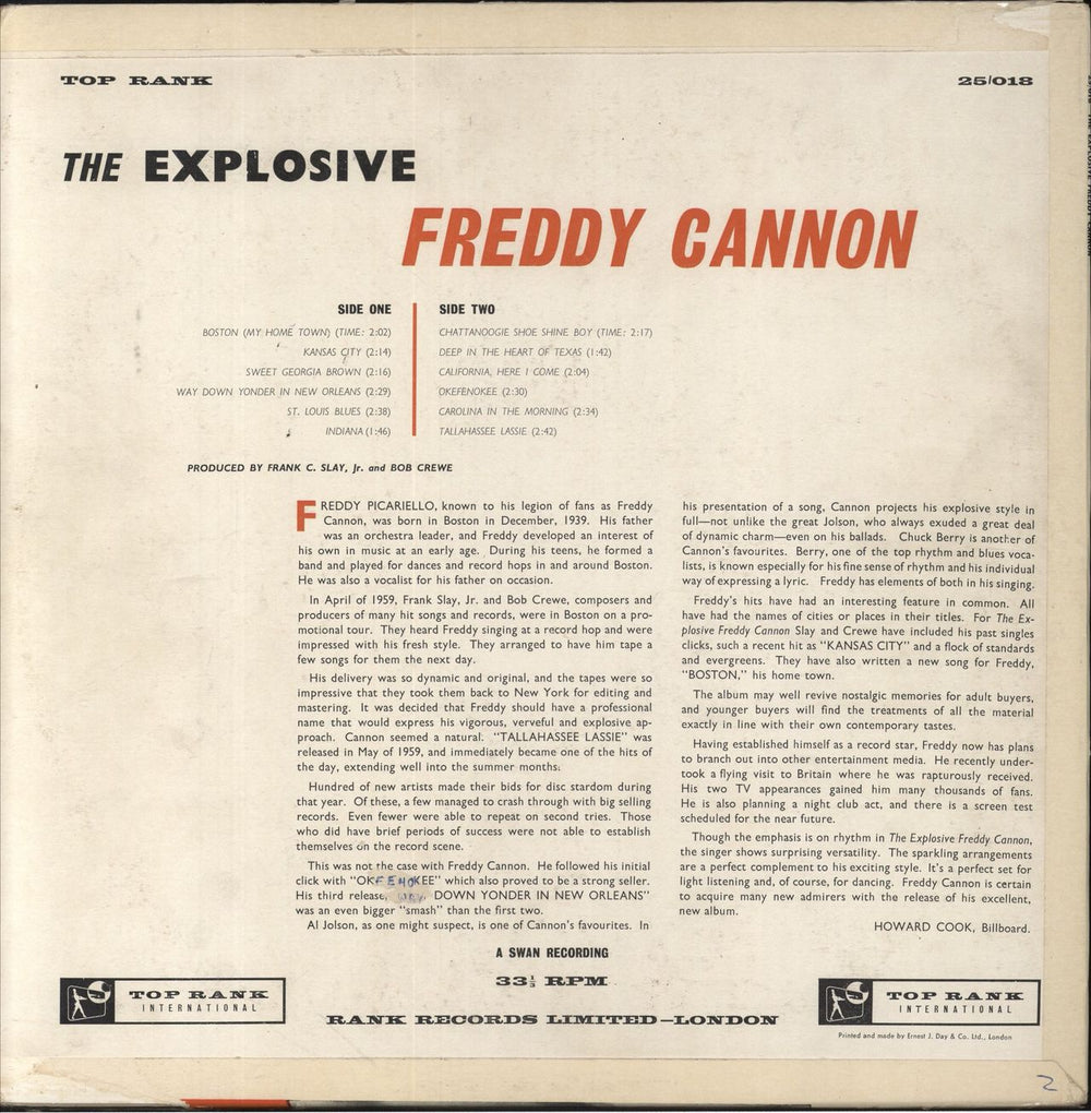 Freddy Cannon The Explosive Freddy Cannon UK vinyl LP album (LP record)