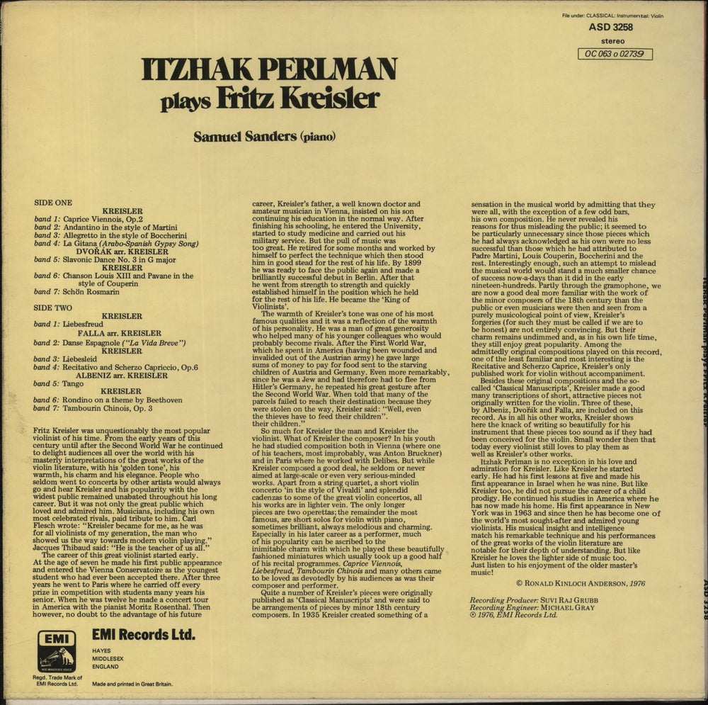 Fritz Kreisler Itzhak Perlman Plays Fritz Kreisler UK vinyl LP album (LP record)