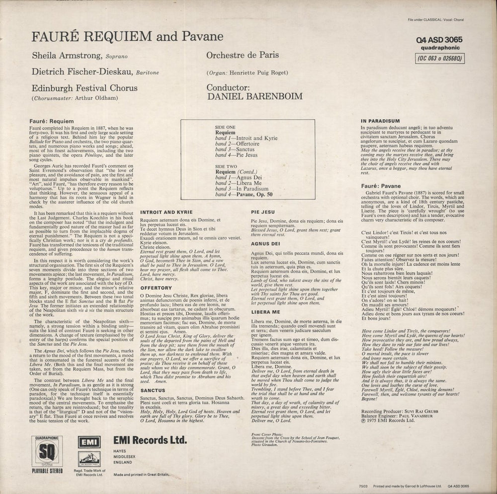 Gabriel Fauré Requiem And Pavane - Quad UK vinyl LP album (LP record)