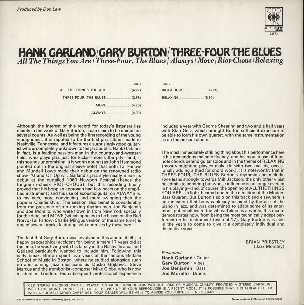 Gary Burton Three-Four The Blues UK vinyl LP album (LP record)