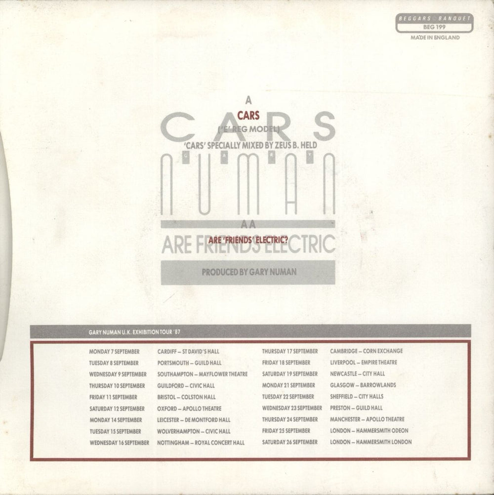 Gary Numan Cars ('E' Reg Model) UK 7" vinyl single (7 inch record / 45)