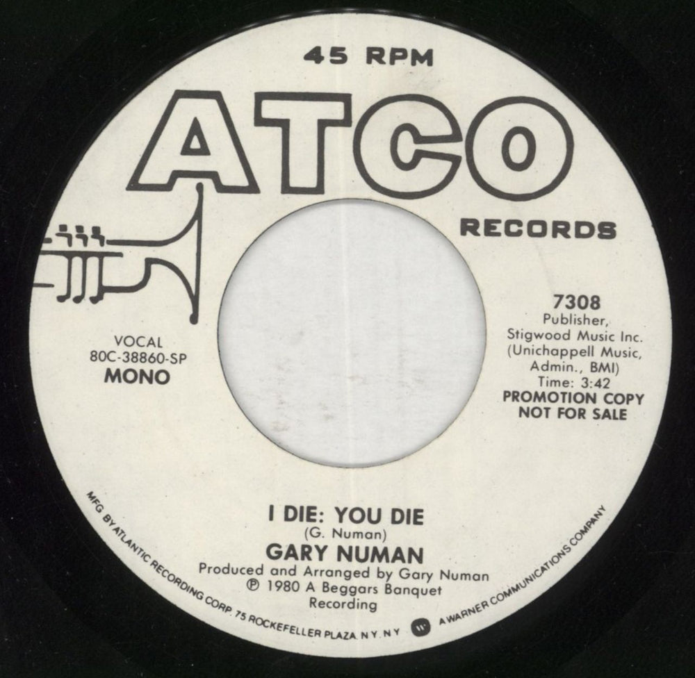 Gary Numan I Die: You Die US Promo 7" vinyl single (7 inch record / 45) 7308